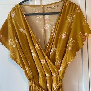 BEAUTIFUL YELLOW FLORAL FAUX WRAP MIDI DRESS